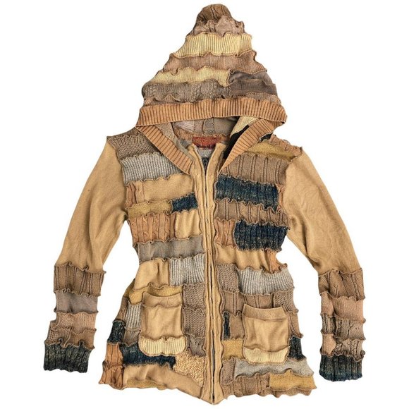 🍓HANDMADE ONE OF A KIND PATCHWORK GOBLIN CORE BROWN KNIT ZIP-UP HOODIE🍓 - Picture 1 of 4